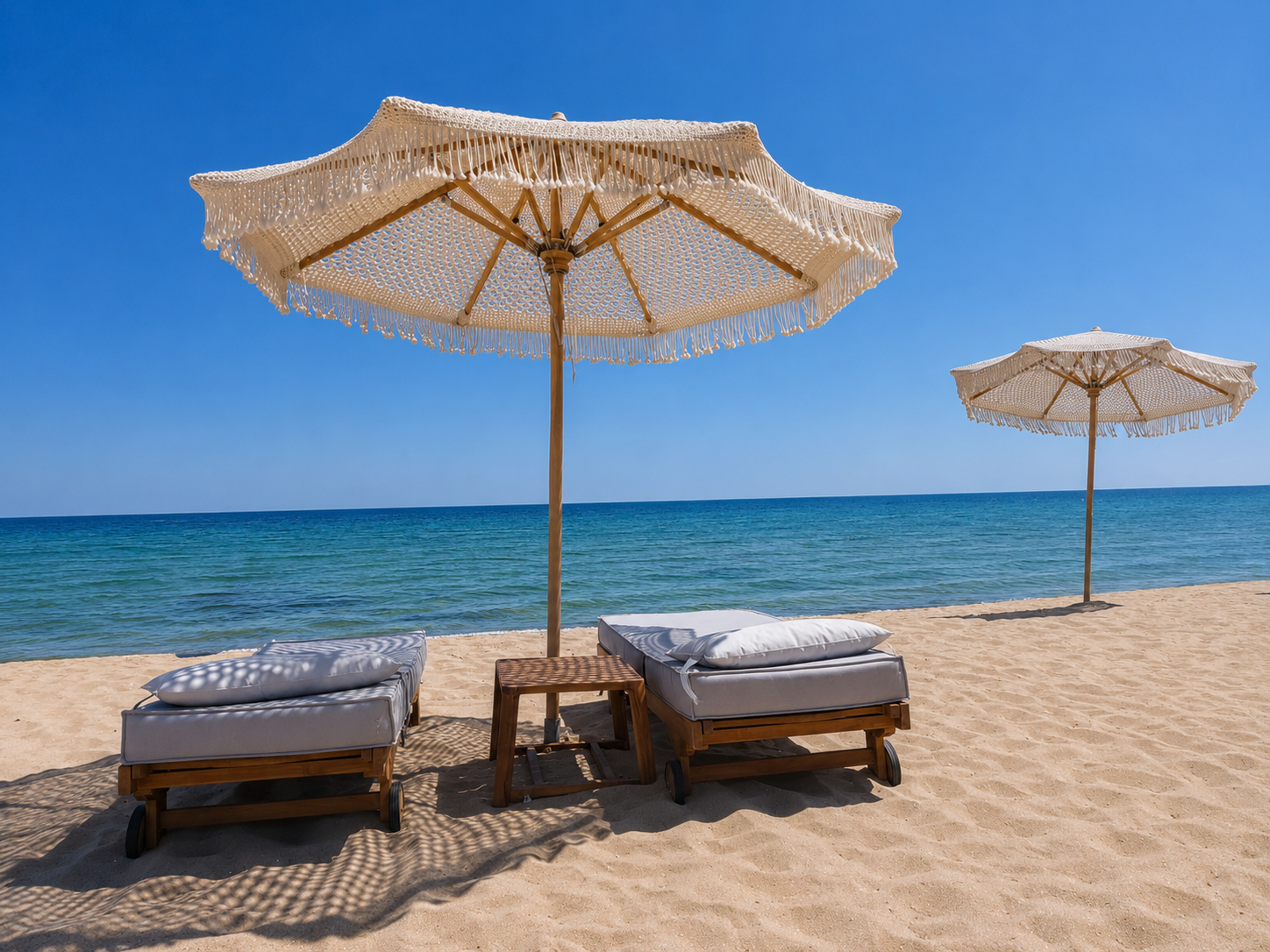 Black Sea beach near Burgas with woven umbrellas and sun loungers